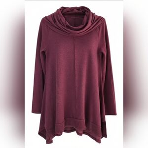 CUPIO Burgundy Lagenlook Cowl Neck Tunic L - Boho High-Low Knit Pullover